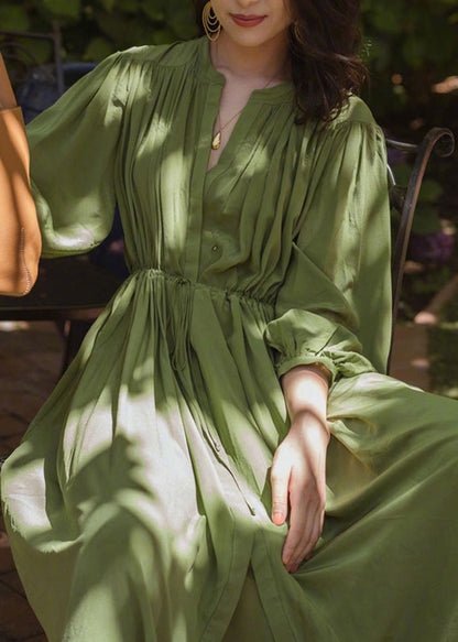 Fashio Green O-neck Cinched Wrinkled Chiffon Maxi Dress Spring Lc0054