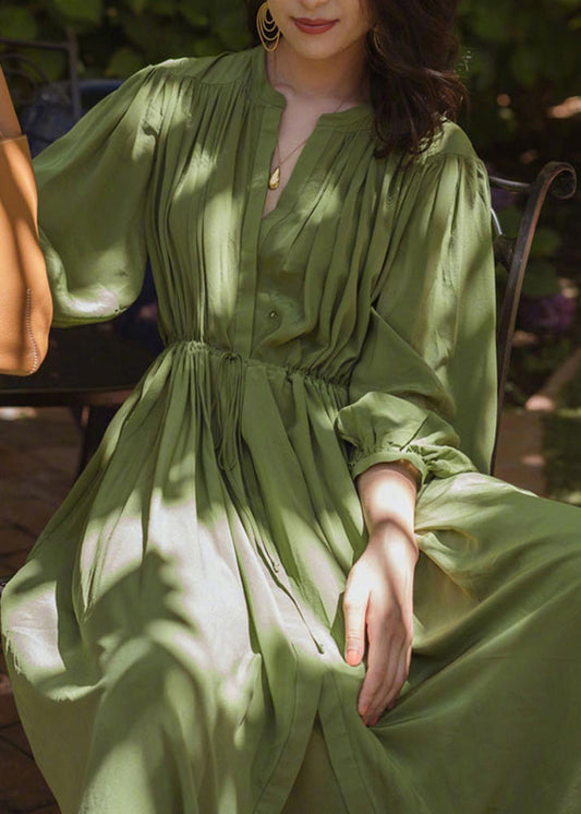 Fashio Green O-neck Cinched Wrinkled Chiffon Maxi Dress Spring Lc0054