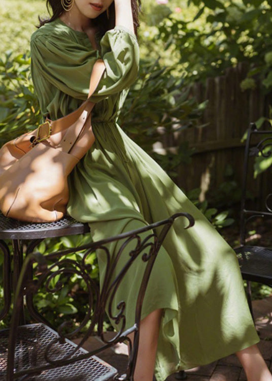 Fashio Green O-neck Cinched Wrinkled Chiffon Maxi Dress Spring Lc0054