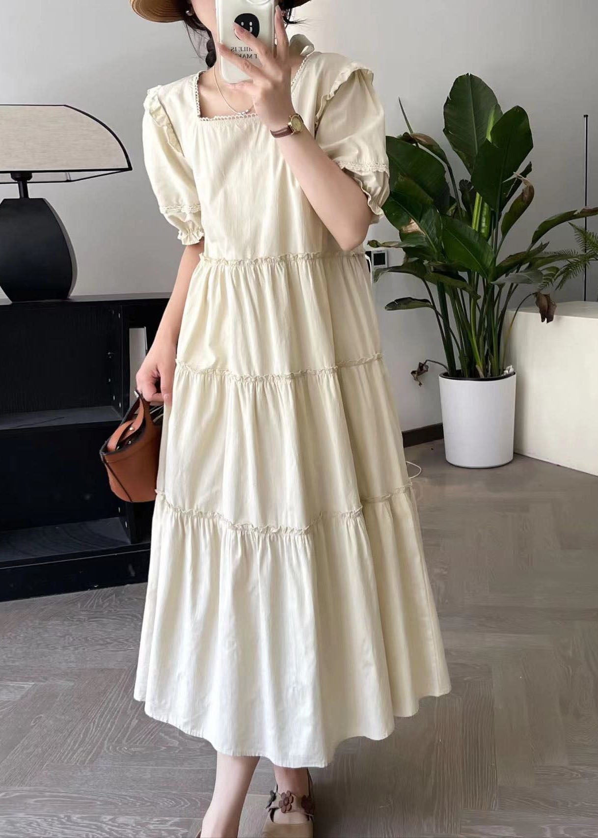Apricot Square Collar Long Dress Short Sleeve Bv027