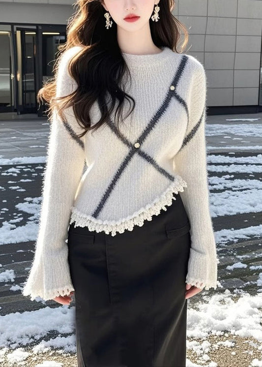 Beige O Neck Patchwork Knit Sweaters Flare Sleeve Tq006