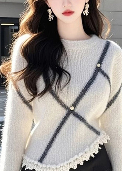 Beige O Neck Patchwork Knit Sweaters Flare Sleeve Tq006
