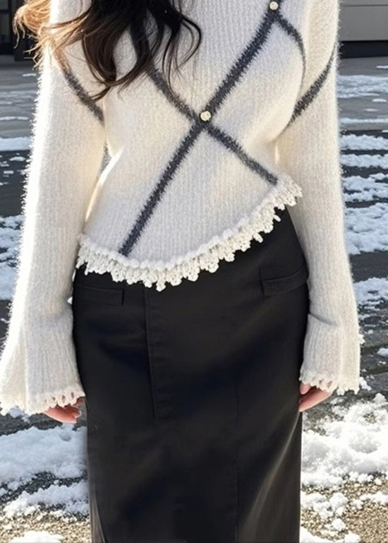 Beige O Neck Patchwork Knit Sweaters Flare Sleeve Tq006