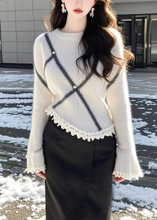 Beige O Neck Patchwork Knit Sweaters Flare Sleeve Tq006