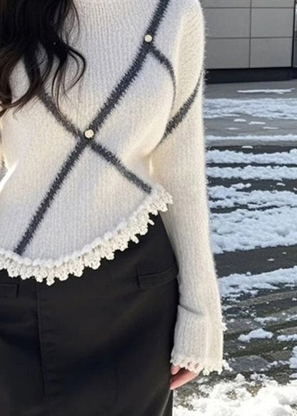 Beige O Neck Patchwork Knit Sweaters Flare Sleeve Tq006