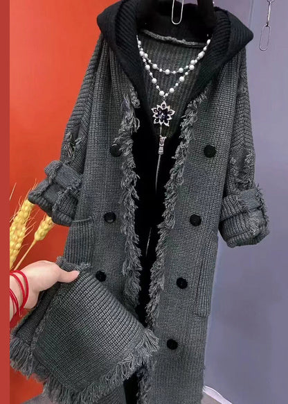 Beige Tasseled Patchwork Knit Hooded Coat Fall Ru030
