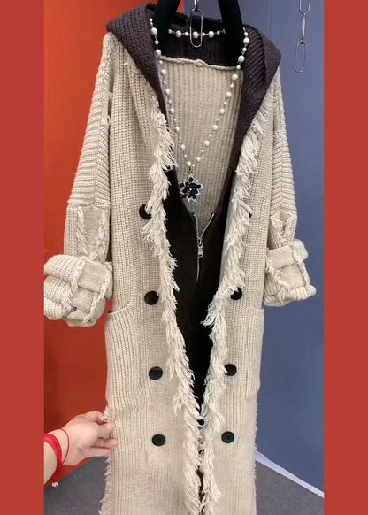 Beige Tasseled Patchwork Knit Hooded Coat Fall Ru030