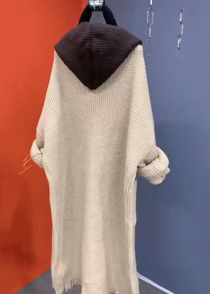 Beige Tasseled Patchwork Knit Hooded Coat Fall Ru030