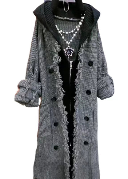 Beige Tasseled Patchwork Knit Hooded Coat Fall Ru030