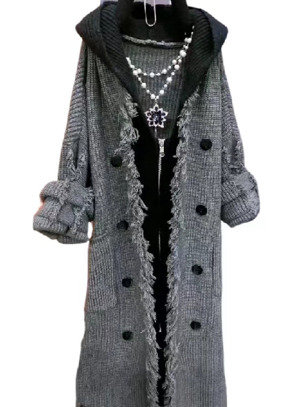 Beige Tasseled Patchwork Knit Hooded Coat Fall Ru030