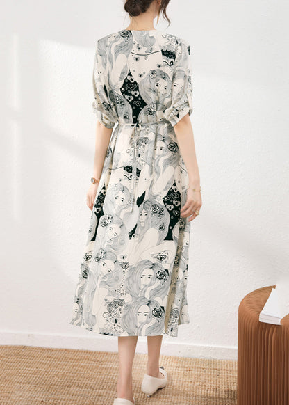Beige V Neck Print Tie Waist Chiffon Maxi Dress Short Sleeve Uu1055