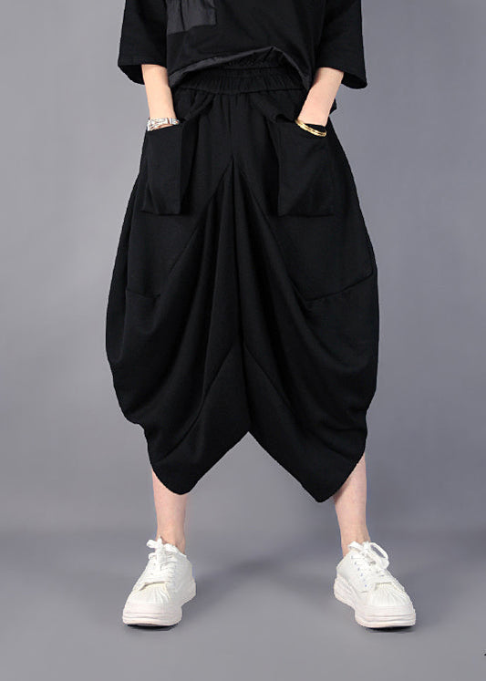 Black Asymmetrical Cotton Harem Pants Spring Yo021