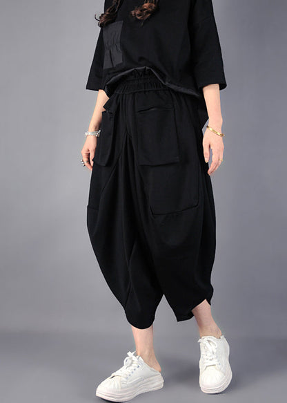 Black Asymmetrical Cotton Harem Pants Spring Yo021
