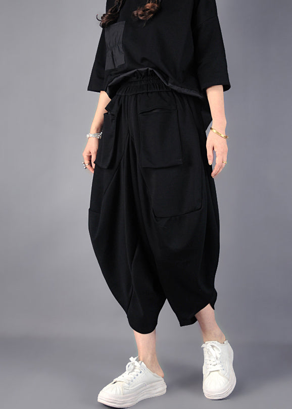Black Asymmetrical Cotton Harem Pants Spring Yo021