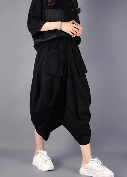 Black Asymmetrical Cotton Harem Pants Spring Yo021