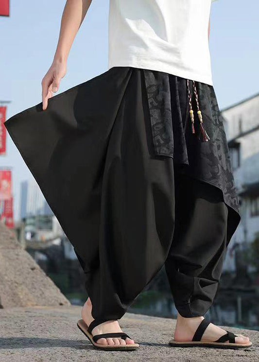Black Asymmetrical Jacquard Patchwork Ice Silk Harem Pants Summer Yt036