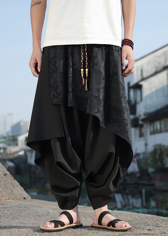 Black Asymmetrical Jacquard Patchwork Ice Silk Harem Pants Summer Yt036