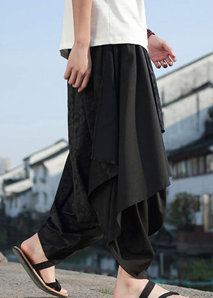 Black Asymmetrical Jacquard Patchwork Ice Silk Harem Pants Summer Yt036
