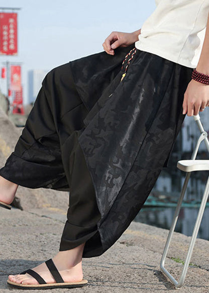 Black Asymmetrical Jacquard Patchwork Ice Silk Harem Pants Summer Yt036
