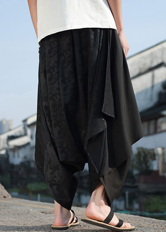 Black Asymmetrical Jacquard Patchwork Ice Silk Harem Pants Summer Yt036