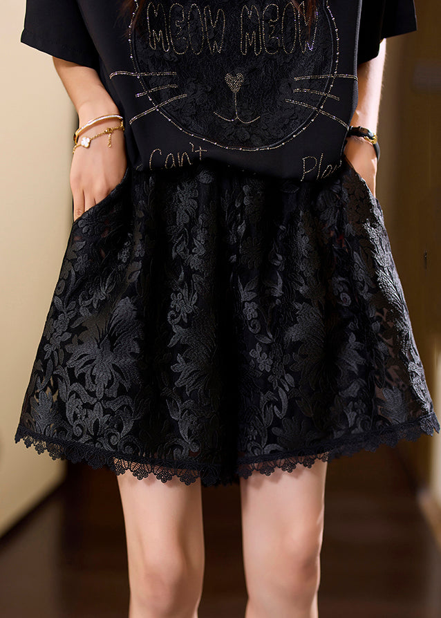 Black Embroidered Pockets Elastic Waist Lace Shorts Summer Ac1012