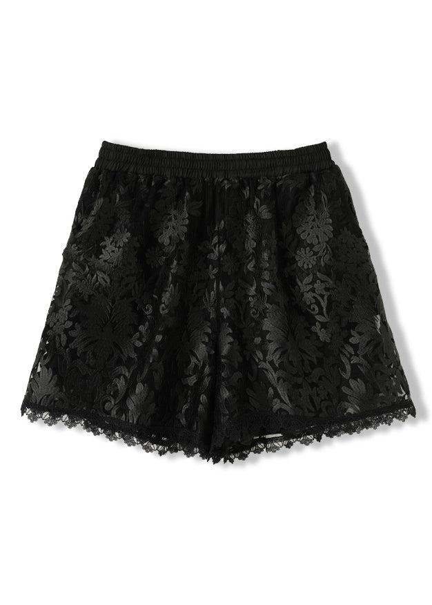 Black Embroidered Pockets Elastic Waist Lace Shorts Summer Ac1012