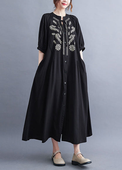 Black Embroideried Lace Up Cotton Maxi Dress Summer Ly1549