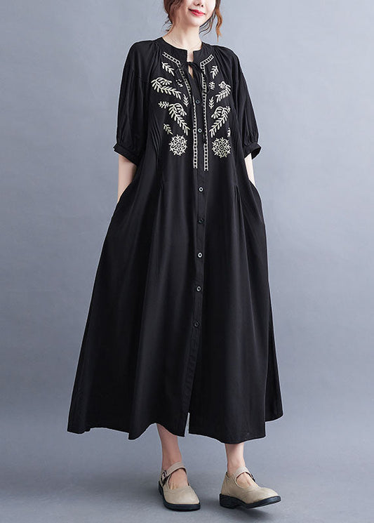 Black Embroideried Lace Up Cotton Maxi Dress Summer Ly1549