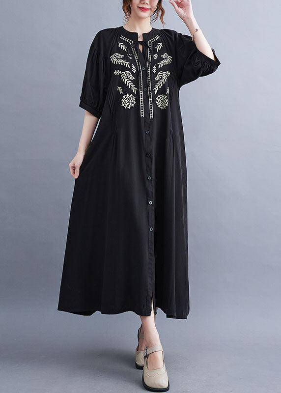 Black Embroideried Lace Up Cotton Maxi Dress Summer Ly1549