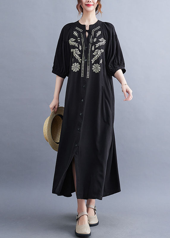 Black Embroideried Lace Up Cotton Maxi Dress Summer Ly1549