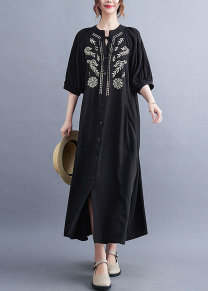 Black Embroideried Lace Up Cotton Maxi Dress Summer Ly1549