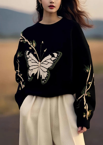 Black O Neck Butterfly Print Knit Sweaters Spring Yy007