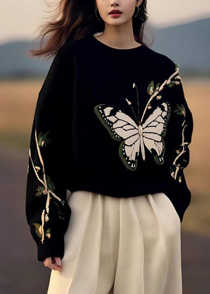 Black O Neck Butterfly Print Knit Sweaters Spring Yy007
