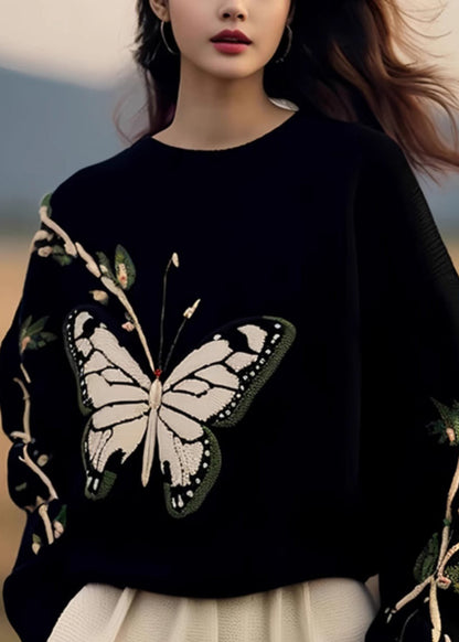 Black O Neck Butterfly Print Knit Sweaters Spring Yy007
