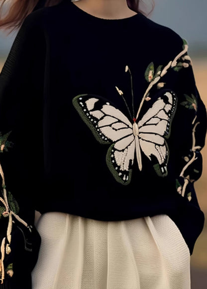 Black O Neck Butterfly Print Knit Sweaters Spring Yy007
