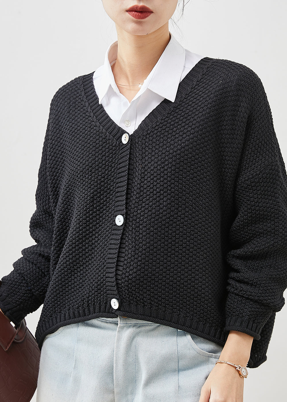 Black Oversized Button Knit Coat Spring Yu1037