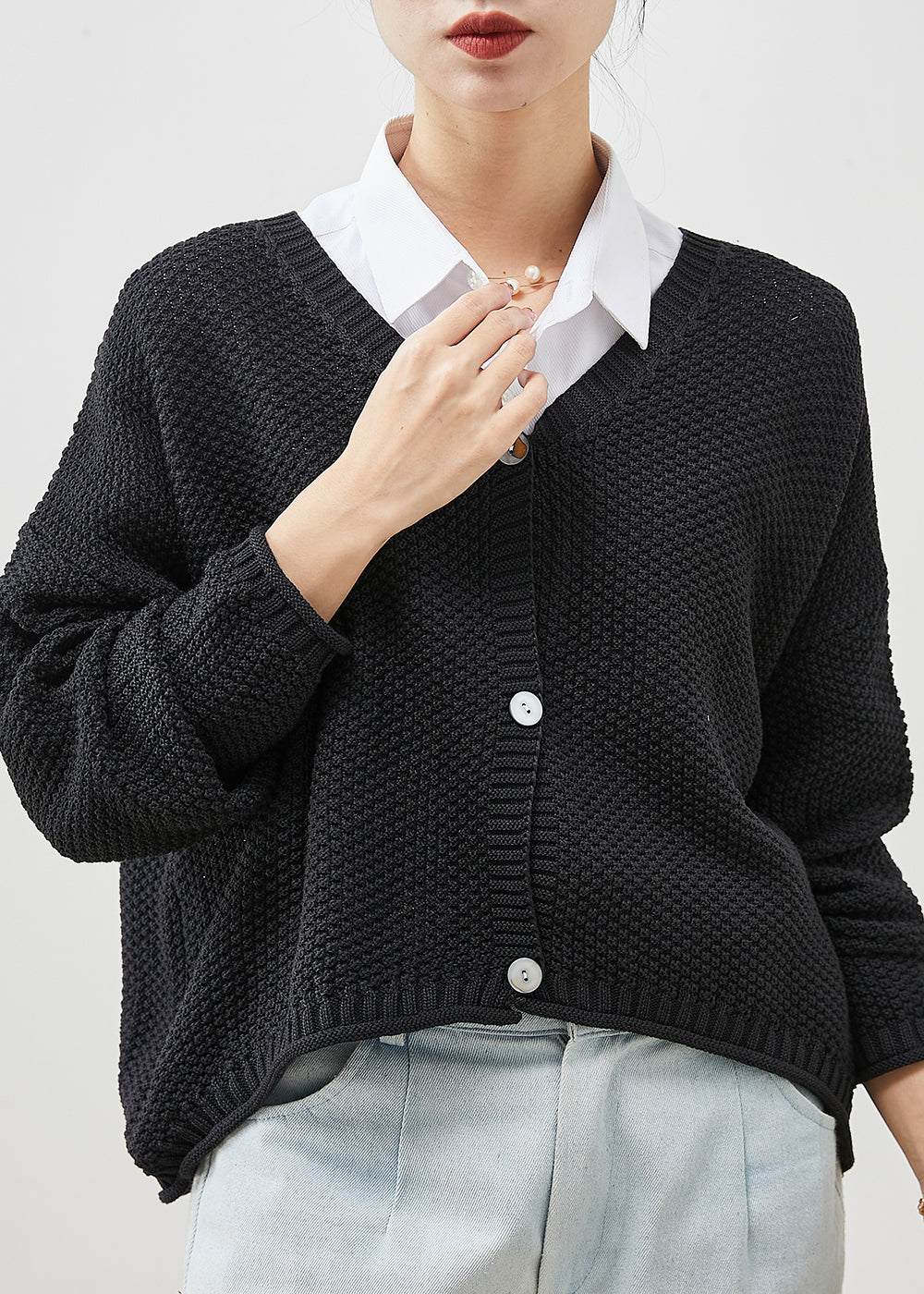 Black Oversized Button Knit Coat Spring Yu1037