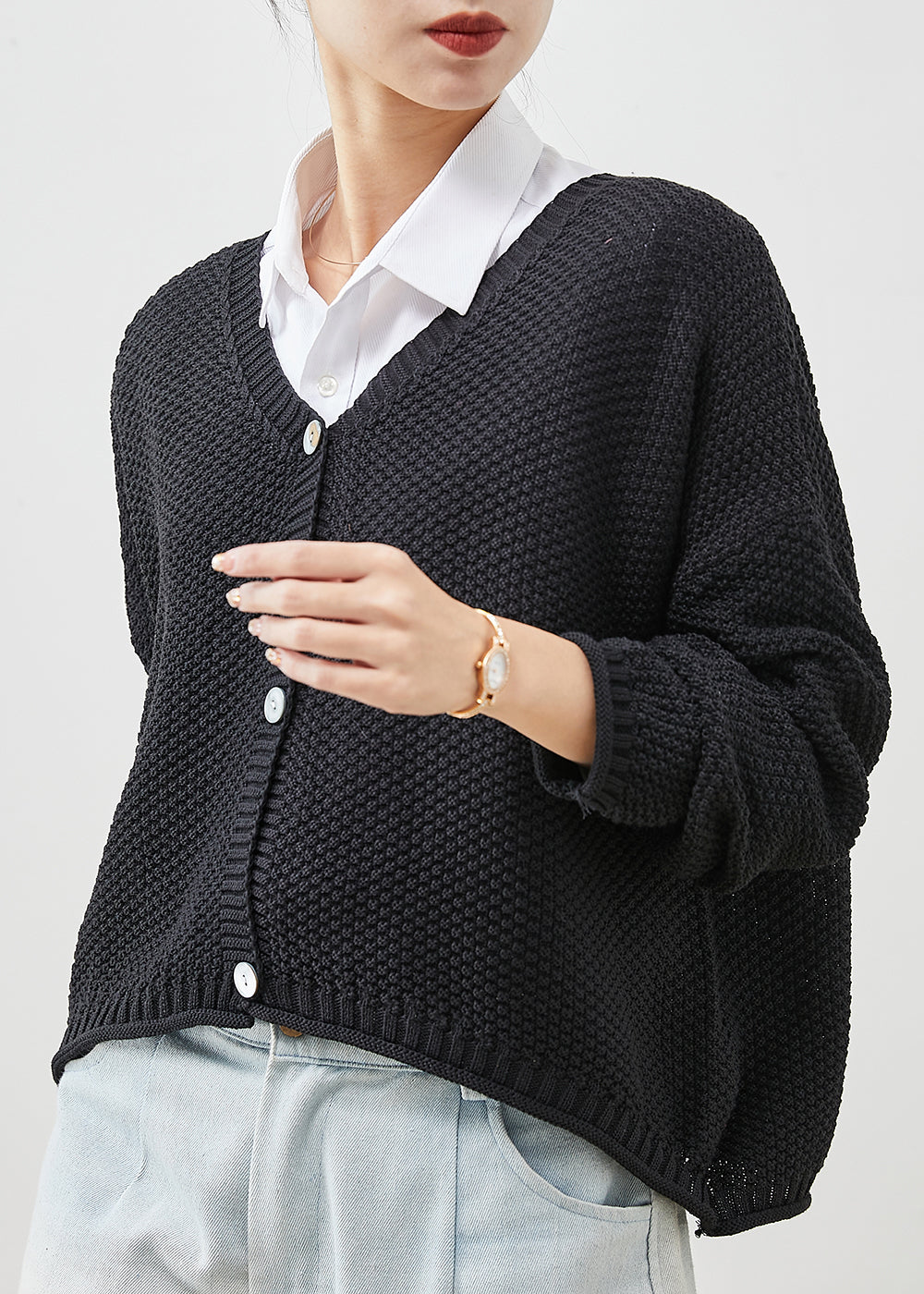 Black Oversized Button Knit Coat Spring Yu1037