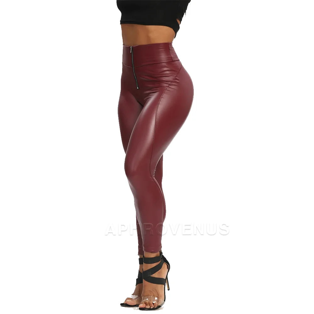 Black Pu Leather Mid Waist Skinny Push Up Buttocks Pants