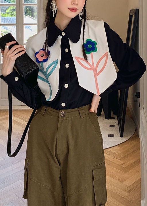 Black Patchwork Decorated Cotton Blouses Spring Ly0772