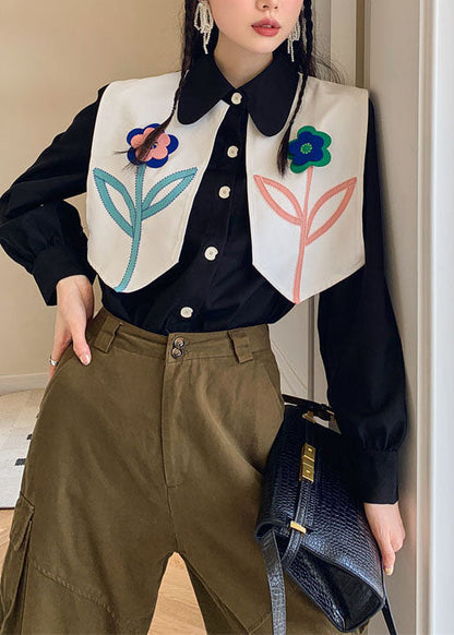 Black Patchwork Decorated Cotton Blouses Spring Ly0772
