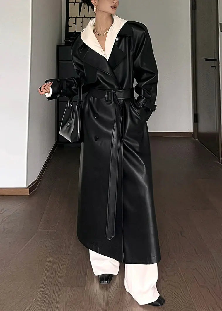 Tie Waist Pockets Faux Leather Coat Fall