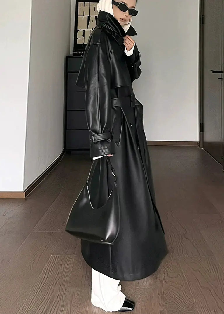 Tie Waist Pockets Faux Leather Coat Fall