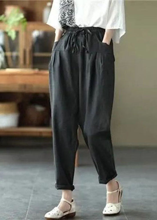 Black Pockets Patchwork Tie Waist Linen Pants Summer Ly0596