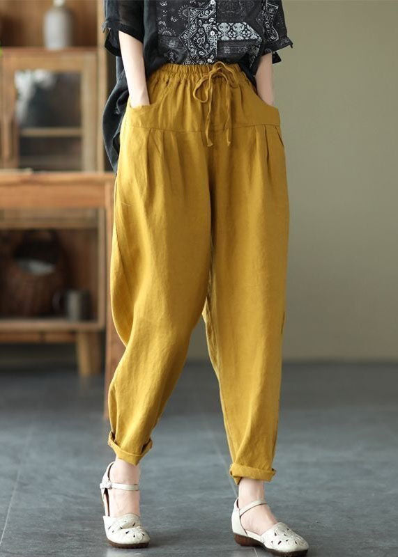 Black Pockets Patchwork Tie Waist Linen Pants Summer Ly0596