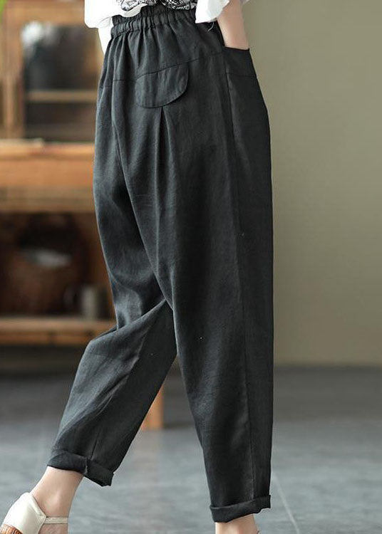 Black Pockets Patchwork Tie Waist Linen Pants Summer Ly0596