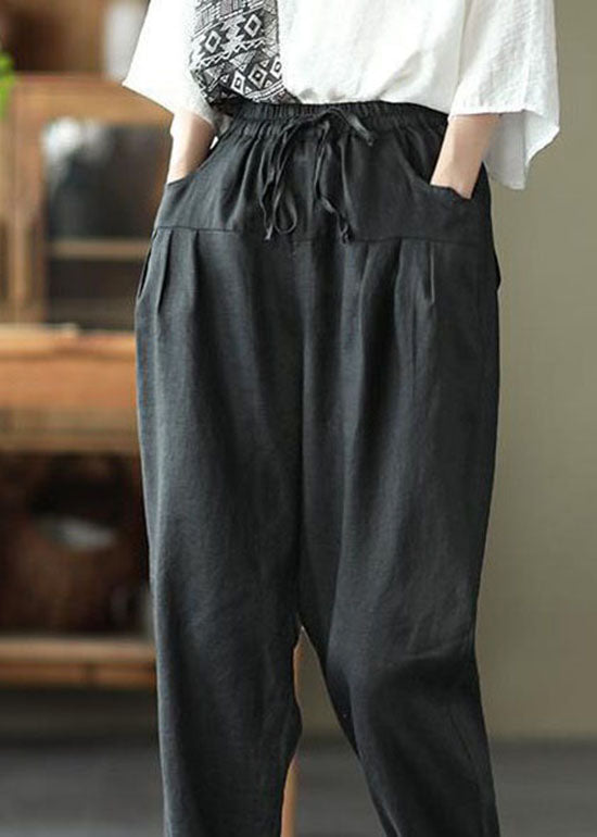 Black Pockets Patchwork Tie Waist Linen Pants Summer Ly0596