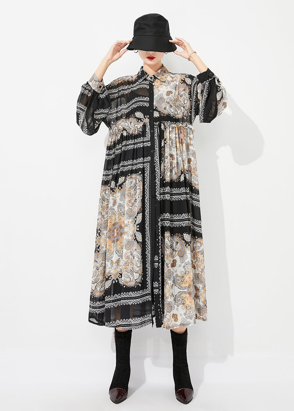 Black Print Oversized Wrinkled Chiffon Long Dresses Spring Ly0825