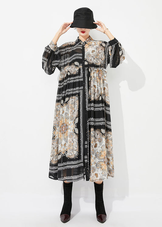 Black Print Oversized Wrinkled Chiffon Long Dresses Spring Ly0825