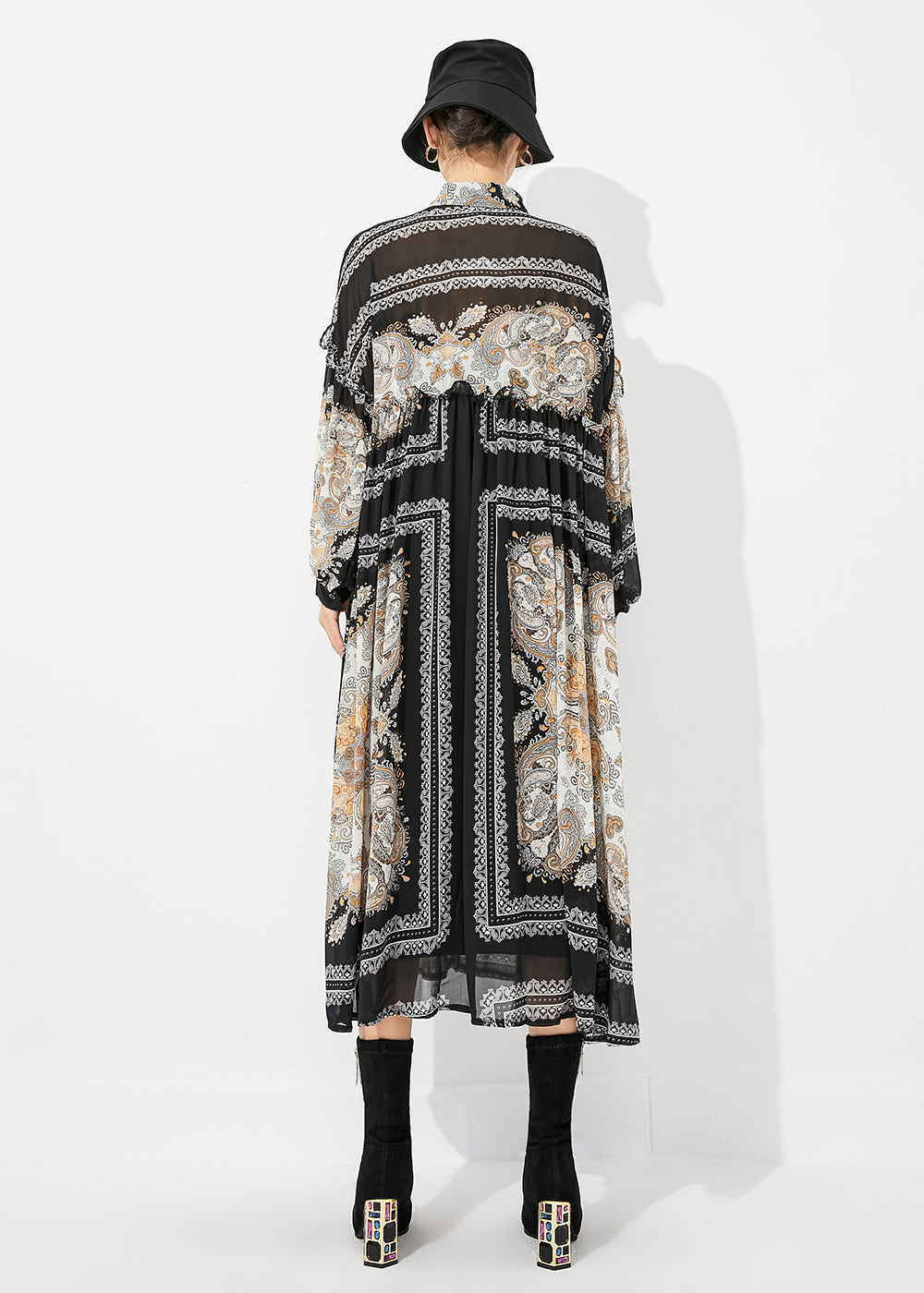 Black Print Oversized Wrinkled Chiffon Long Dresses Spring Ly0825